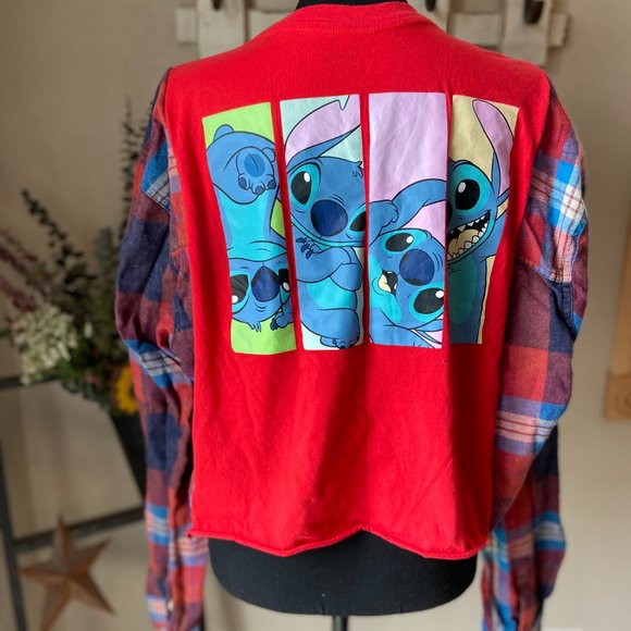 Disney Lilo and Stitch Refashioned Upcycled Cropped Flannel ~S/M See Measurement - Picture 2 of 3